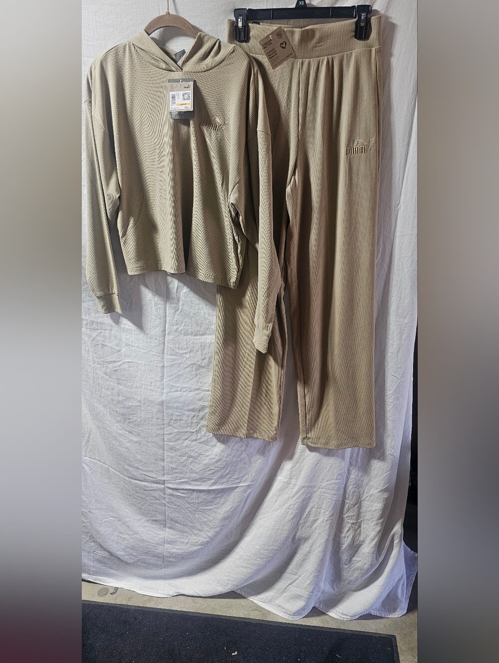 Puma Essentials Ribbed Hoodie and Wide Leg Pants Set Brown